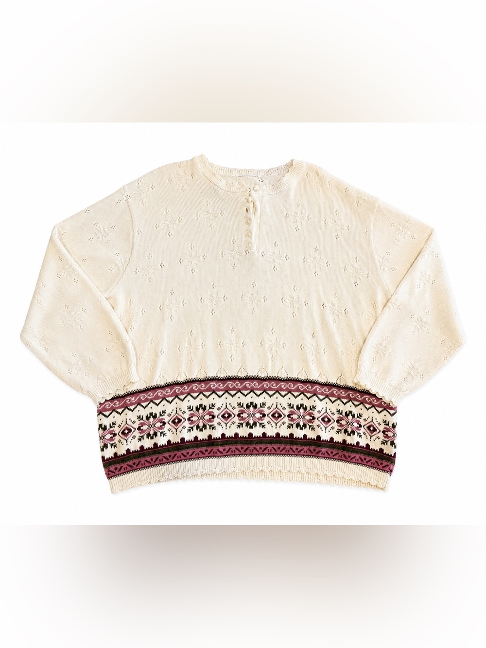 Vintage Cream Fair Isle Nordic Knit Sweater Burgundy Geometric Pullover